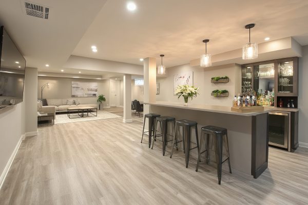Finished basement entertainment and bar area.